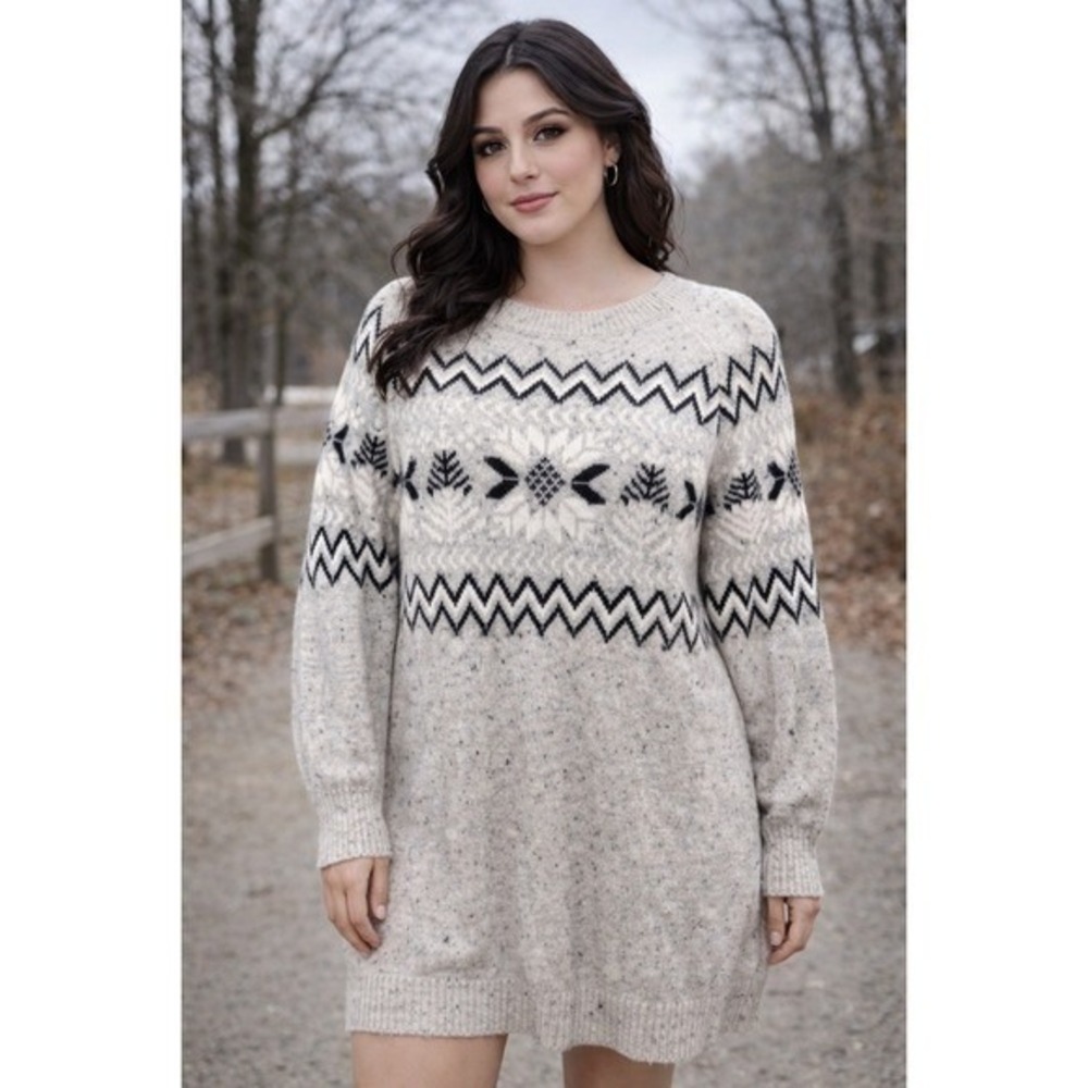 Loft Grey Fair Isle Knit Sweater Dress Long Sleeve Crew Neck Nordic Mini